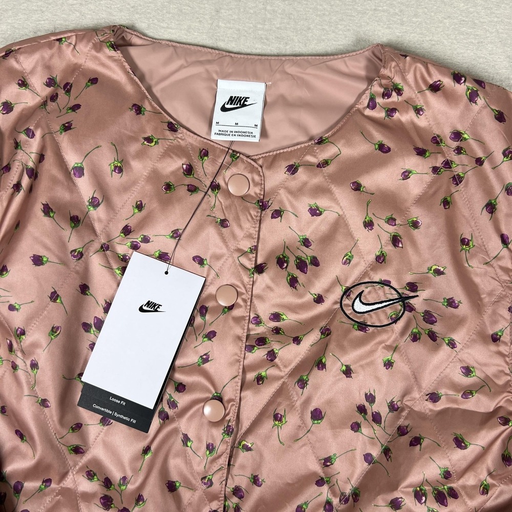 Nike Jacket‎ Womens M Pink Floral Quilted Satin Snap Front Insulated DM6292-609